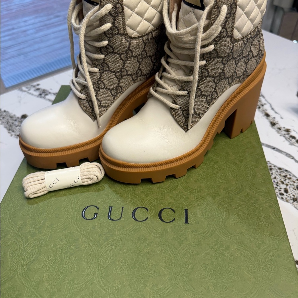 Gucci Women's Platform Lace-Up Boots in Cream and Brown - Picture 2 of 14